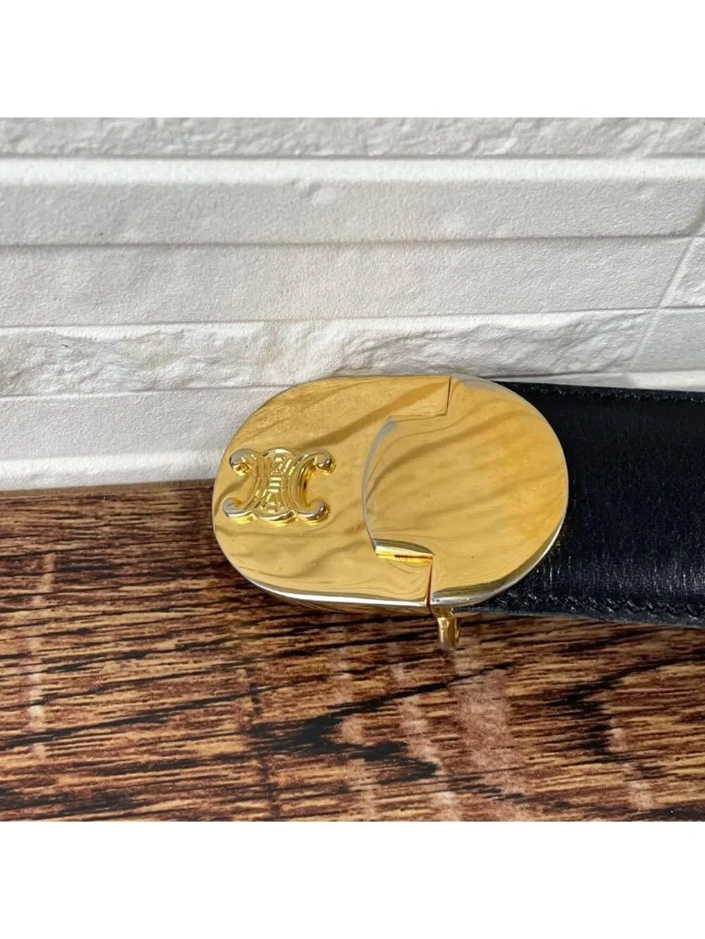 Celine Leather Triomphe Logo Buckle Belt Black